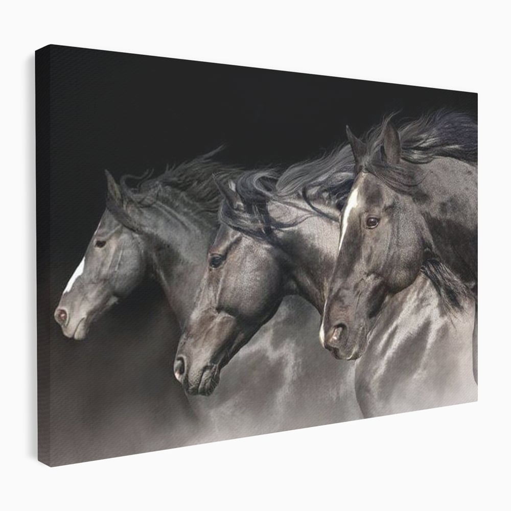 Tablou canvas cu tablou canvas cu trei cai negri in galop, fara rama, pe sasiu de lemn